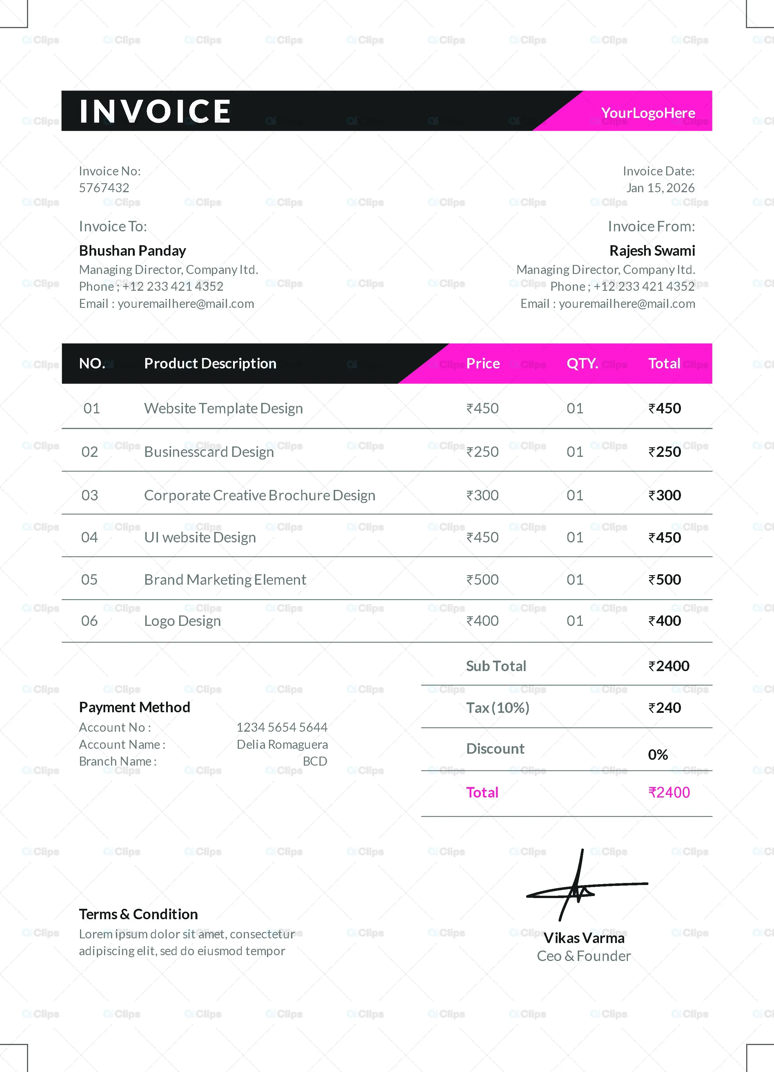 Modern Pink Accent Professional Service Invoice Template