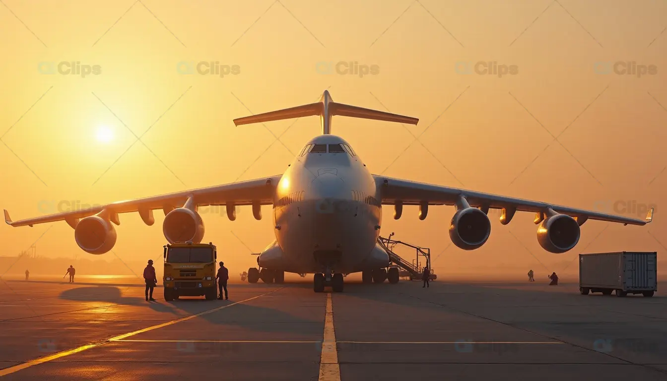 Large Cargo Plane on Runway at Sunrise