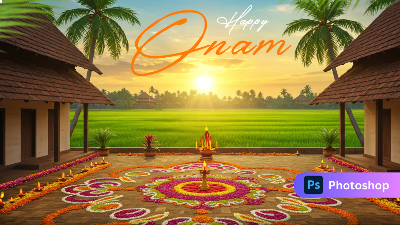 Happy Onam Beautiful Kerala Sunrise template with Pookalam and Rituals
