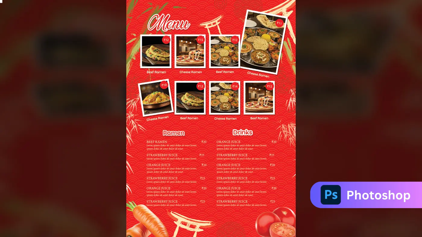 Asian Restaurant Red Menu Template with Food Gallery