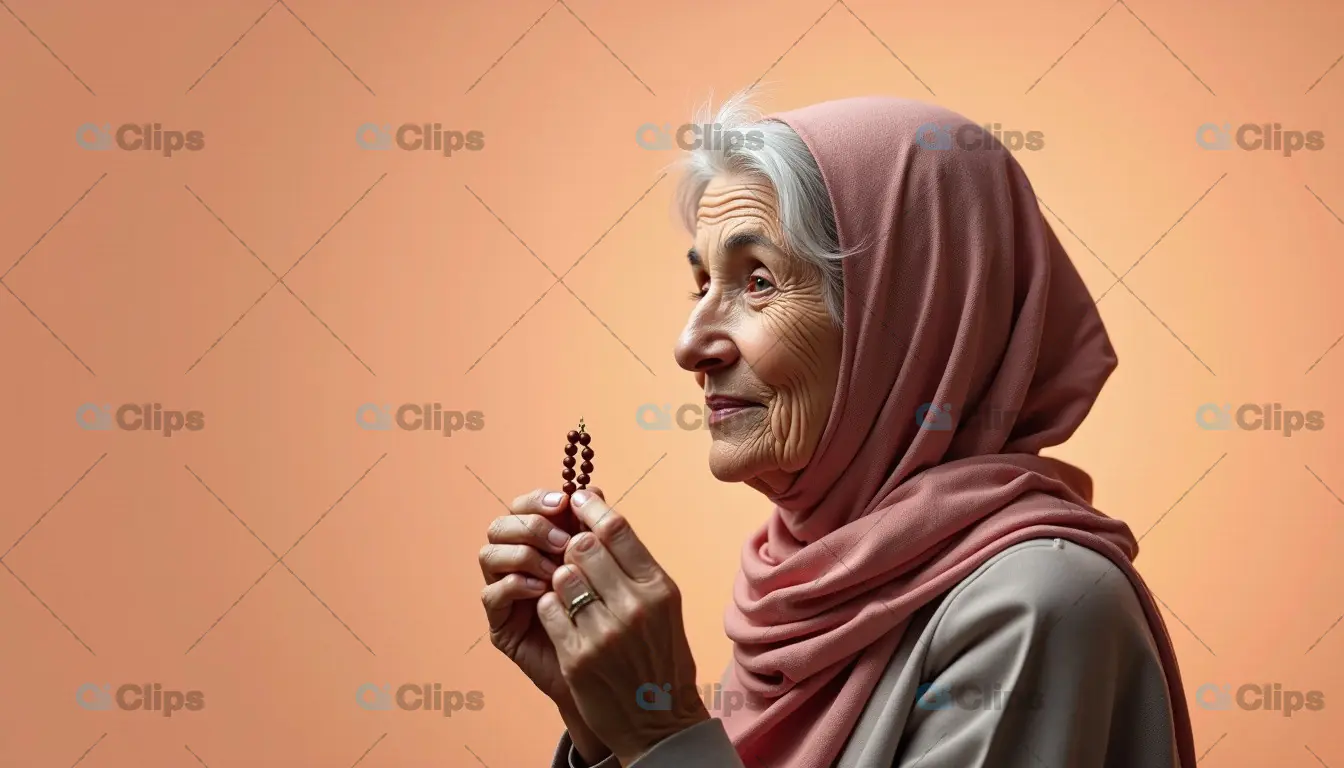 Elderly Woman in Hijab Holding Prayer Beads in Contemplation