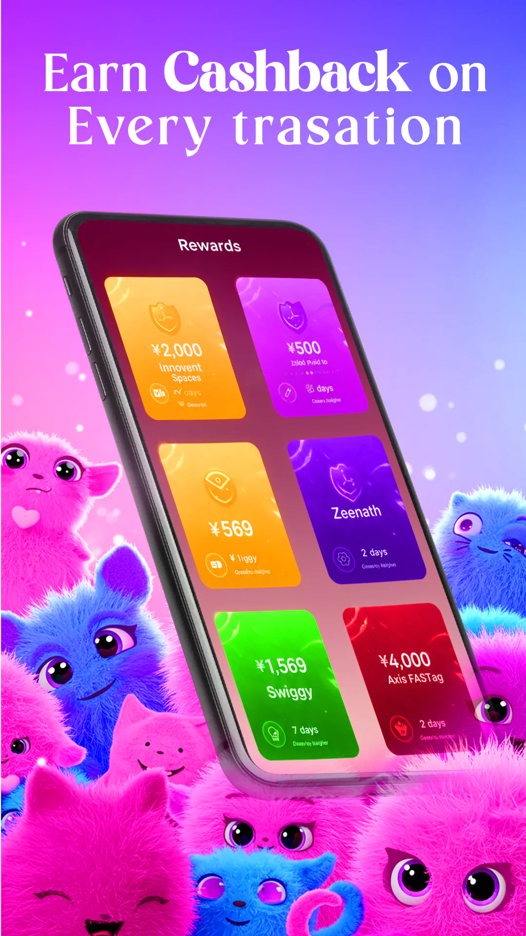 Cashback Rewards App Promo Template with Cute Cartoon Creatures