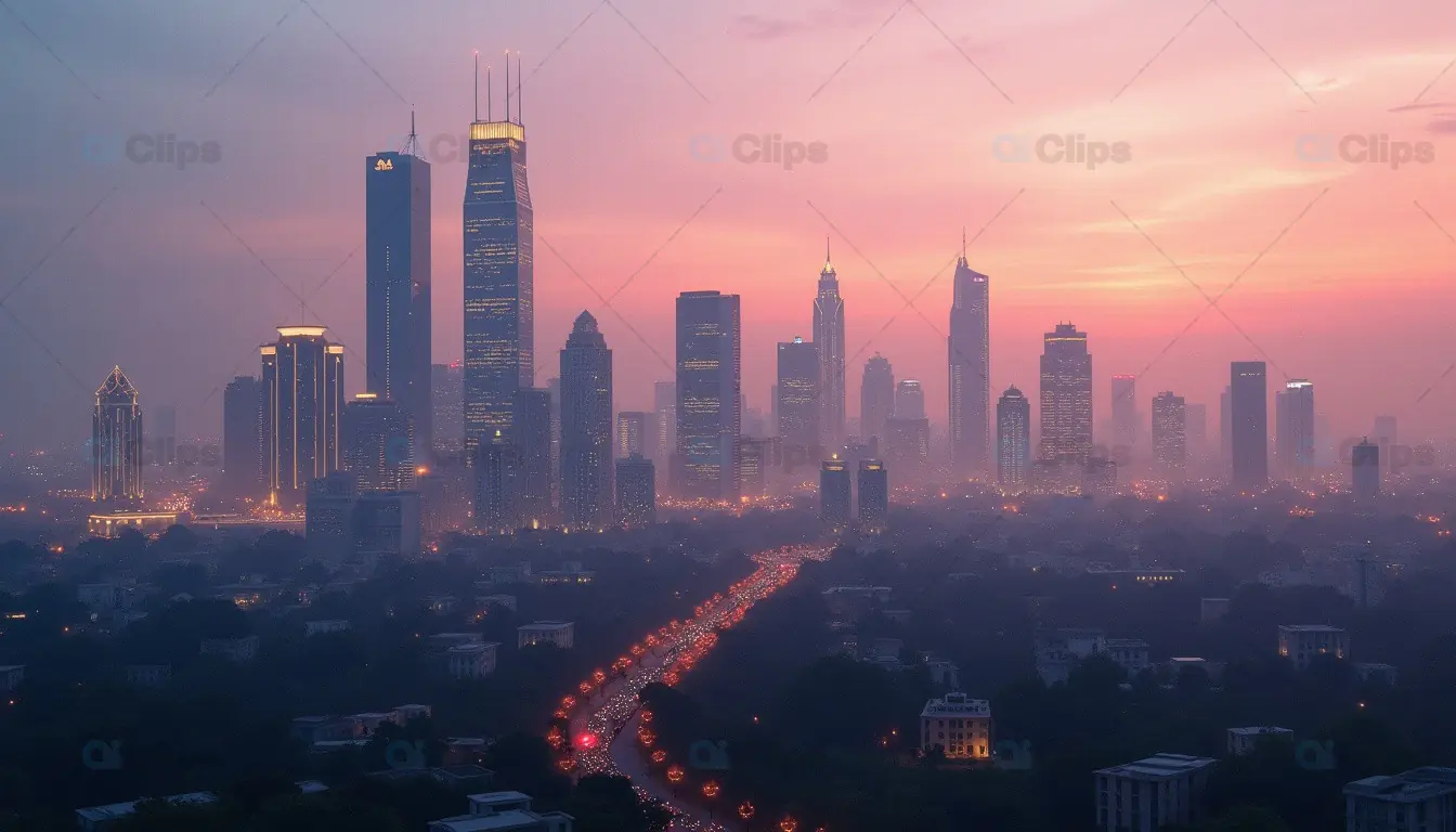 Sunset Over a Modern Skyscraper Skyline with Traffic Lights