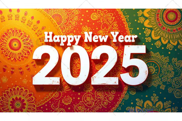 Happy New Year 2025 – Vibrant Festive Design with Mandala Patterns