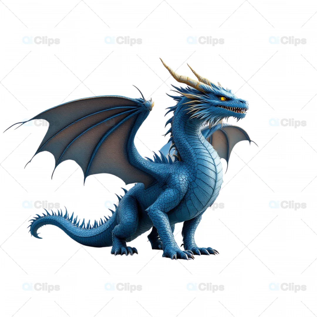 Noble 3D Blue Dragon with Horns and Powerful Stance