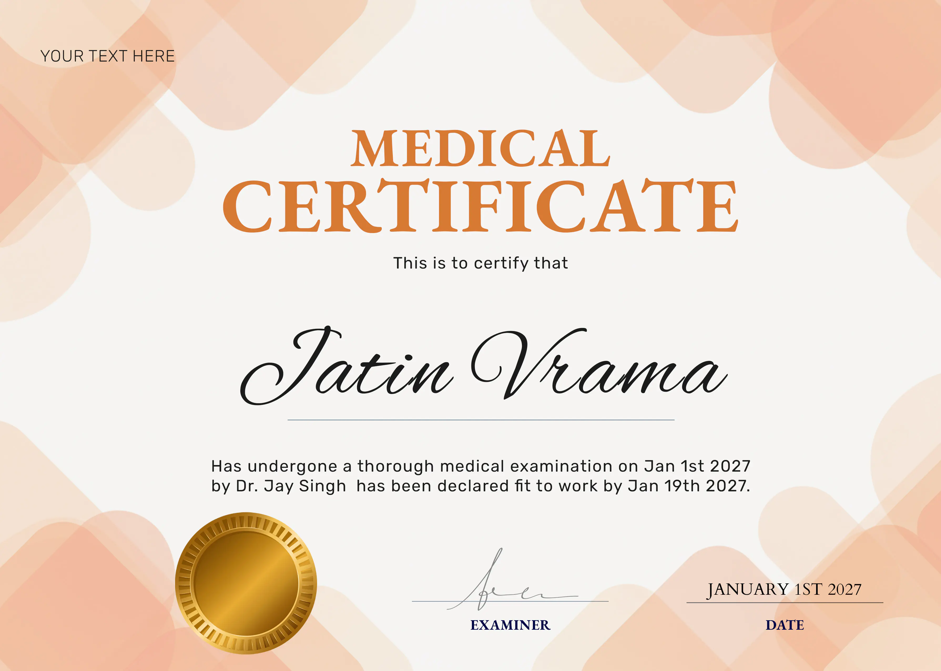 Elegant Peach Medical Certificate Template