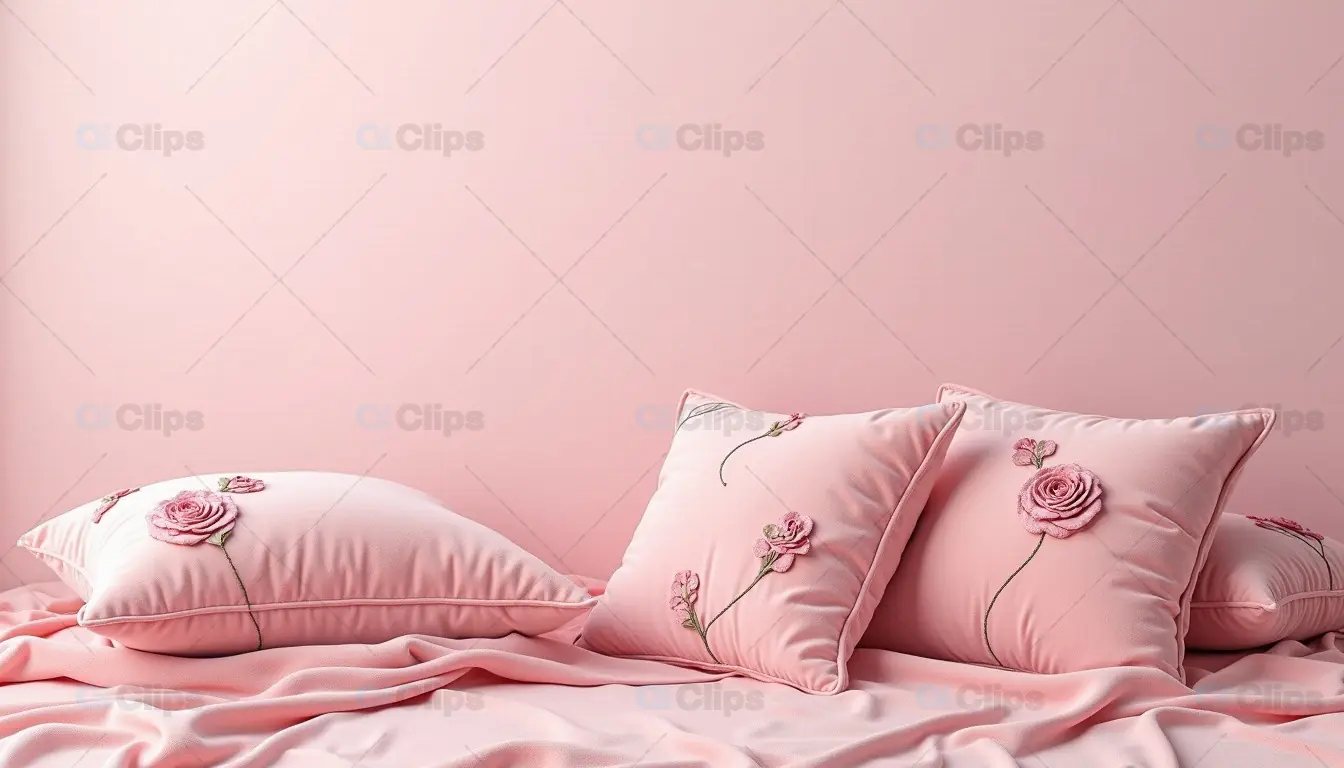 Soft Pink Floral Embroidered Pillow Set on Silk Fabric