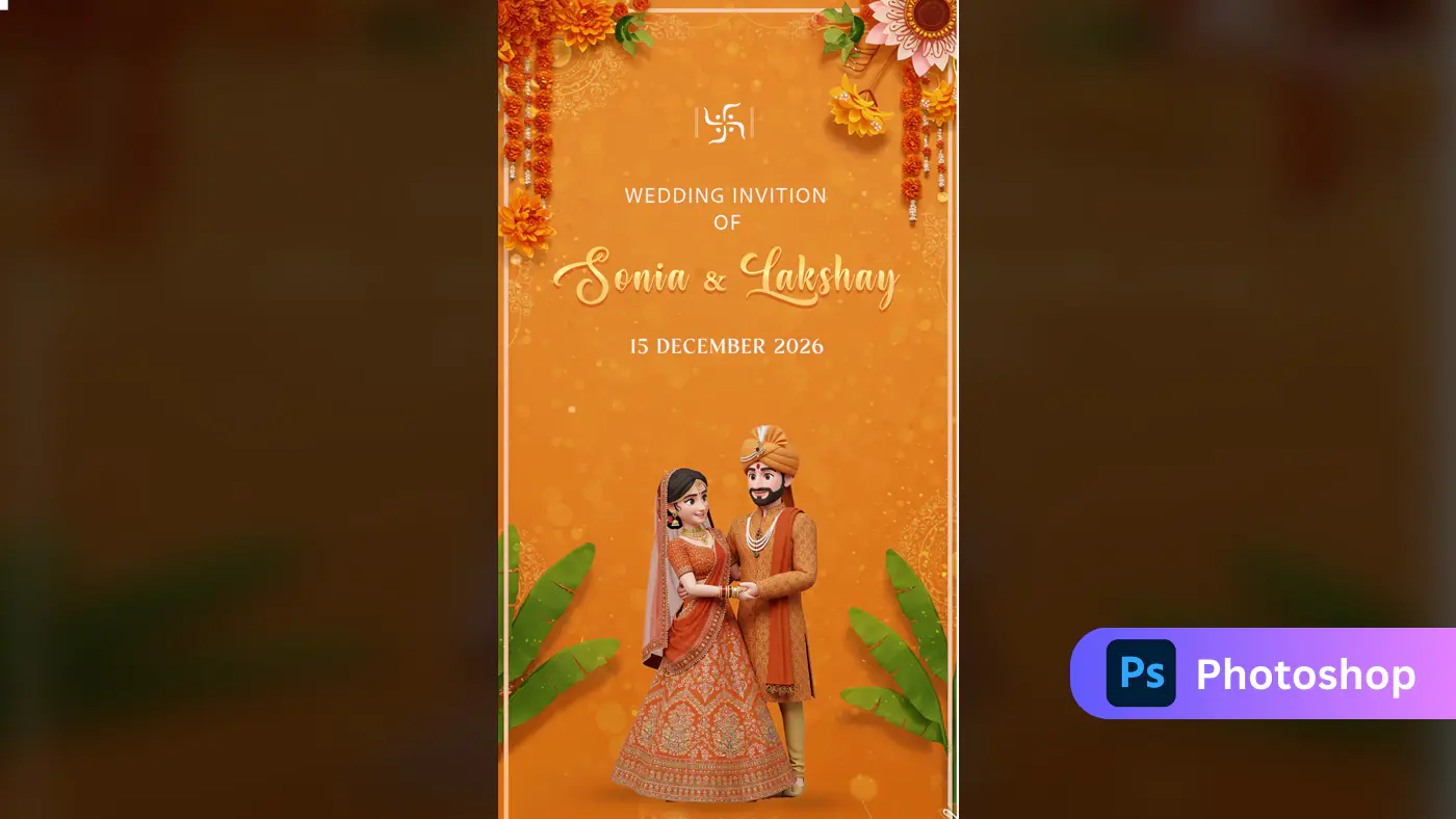 3D Indian Wedding Invitation Template with Traditional Couple in Orange Theme