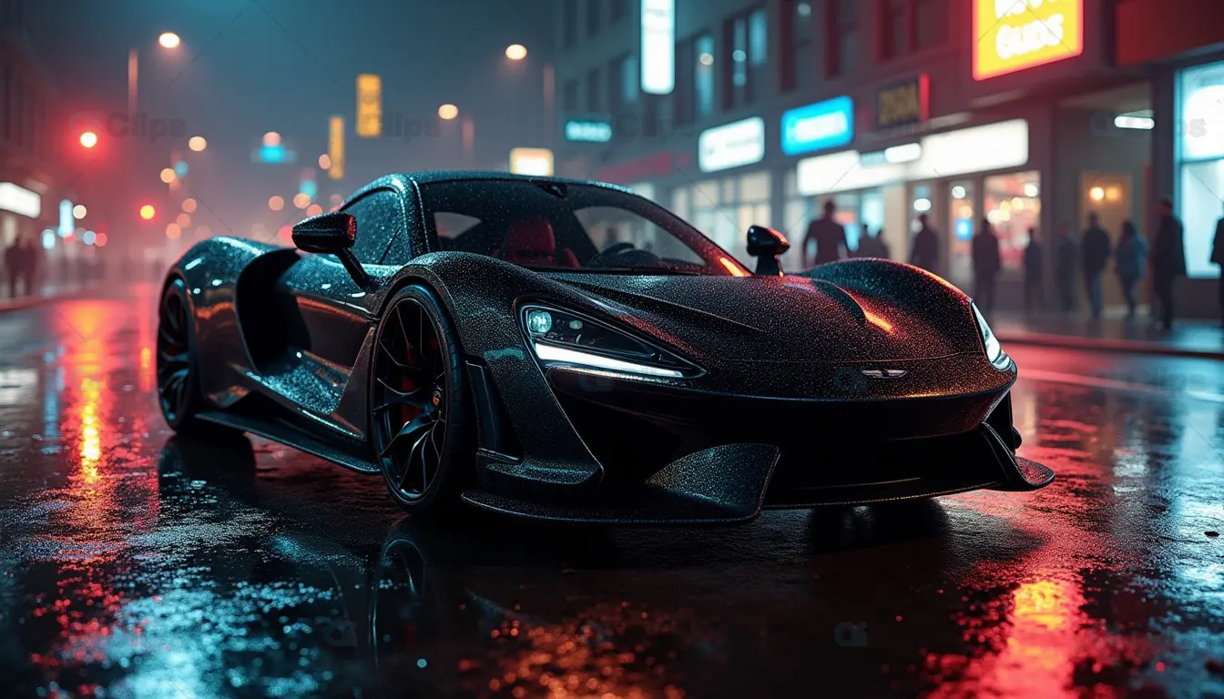 Sleek Black Supercar in Neon-Lit Urban Night Scene
