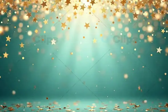 Golden Stars and Glitter Sparkles on Teal Background