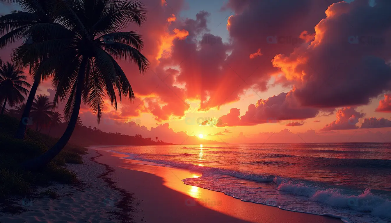 Tropical Beach Sunset with Palm Trees – Serene Coastal Landscape