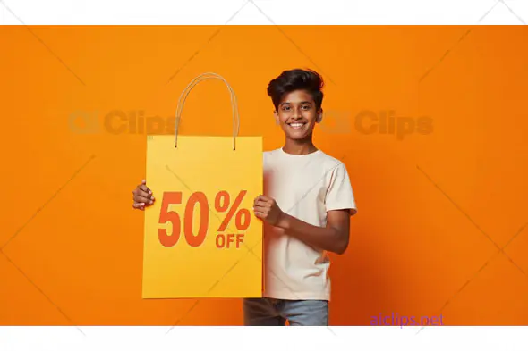 Cheerful Boy Holding 50% Off Sale Sign on Orange Background