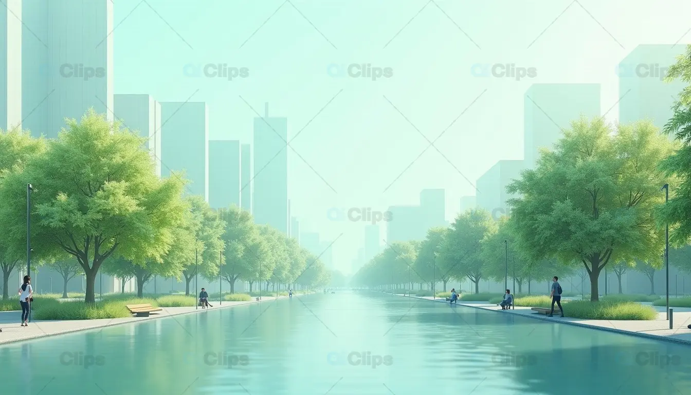 Modern City Park Canal with Skyline