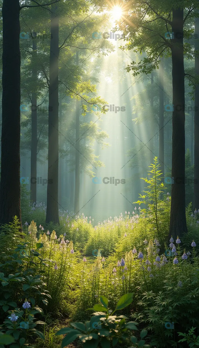 Sunlit Forest with Wildflowers and Rays of Light
