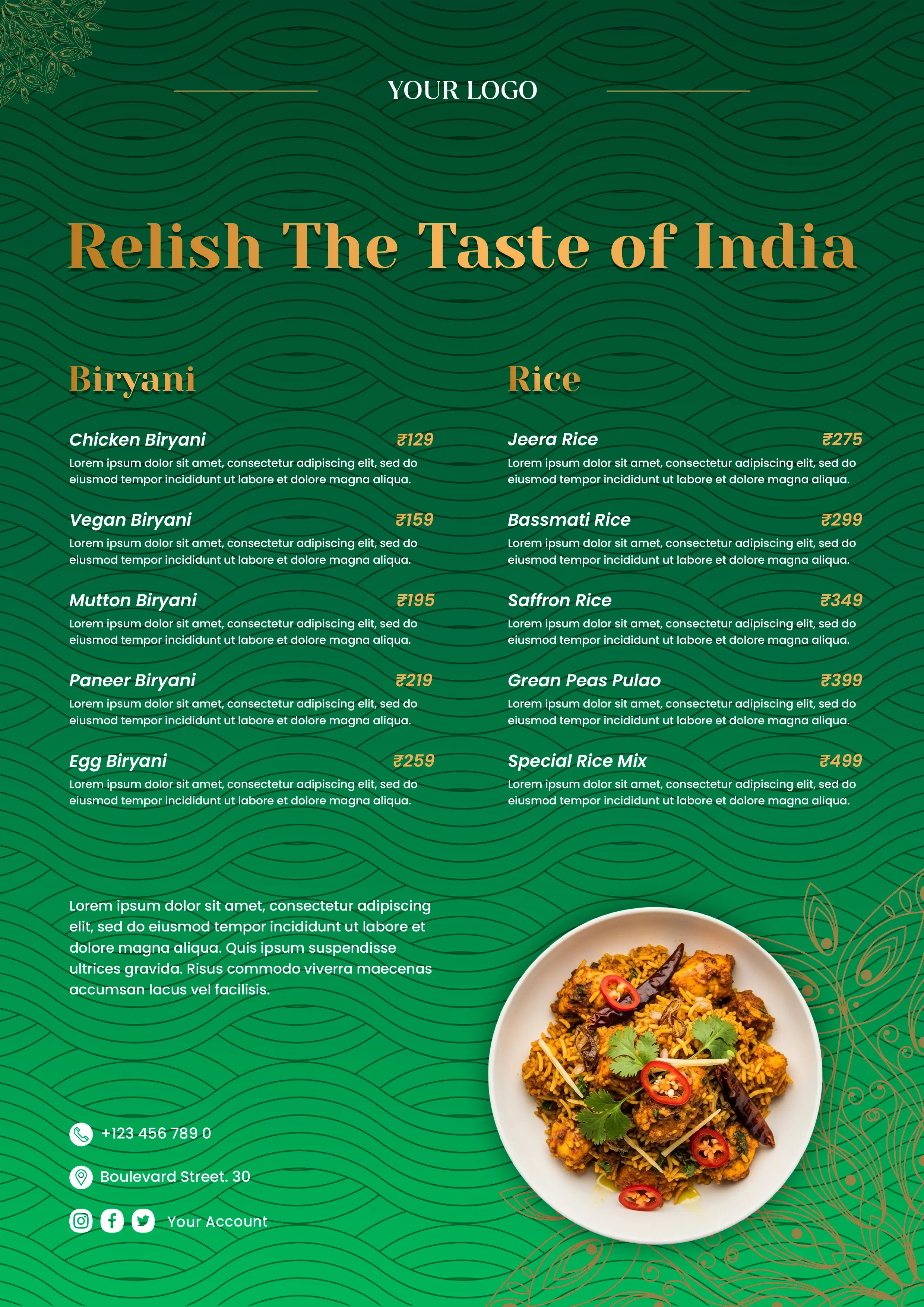 Elegant Indian Restaurant Biryani Menu Template
