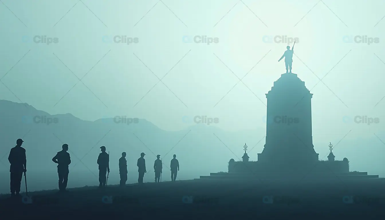 Soldiers Paying Tribute at Monument in Misty Morning