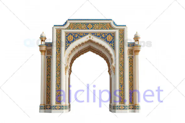 Elegant 3D Mughal Archway with Gold and Blue Floral Detailing