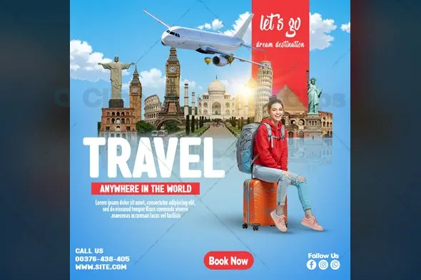 World Travel Social Media Banner Template with Famous Landmarks