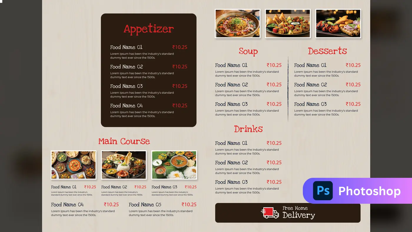 Restaurant Menu Design Template with Food Categories