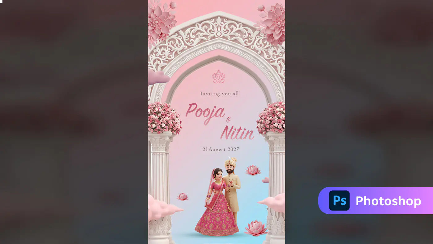 Elegant Pink & Ivory 3D Indian Wedding Invitation Template with Floral Arch and Cartoon Couple