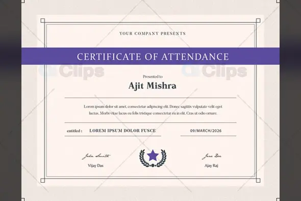 Elegant Purple Attendance Certificate Template with Star Emblem