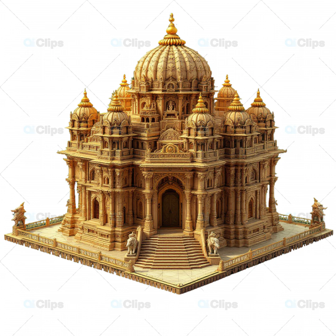 Intricate 3D Indian Temple Model with Central Dome and Rich Detailing