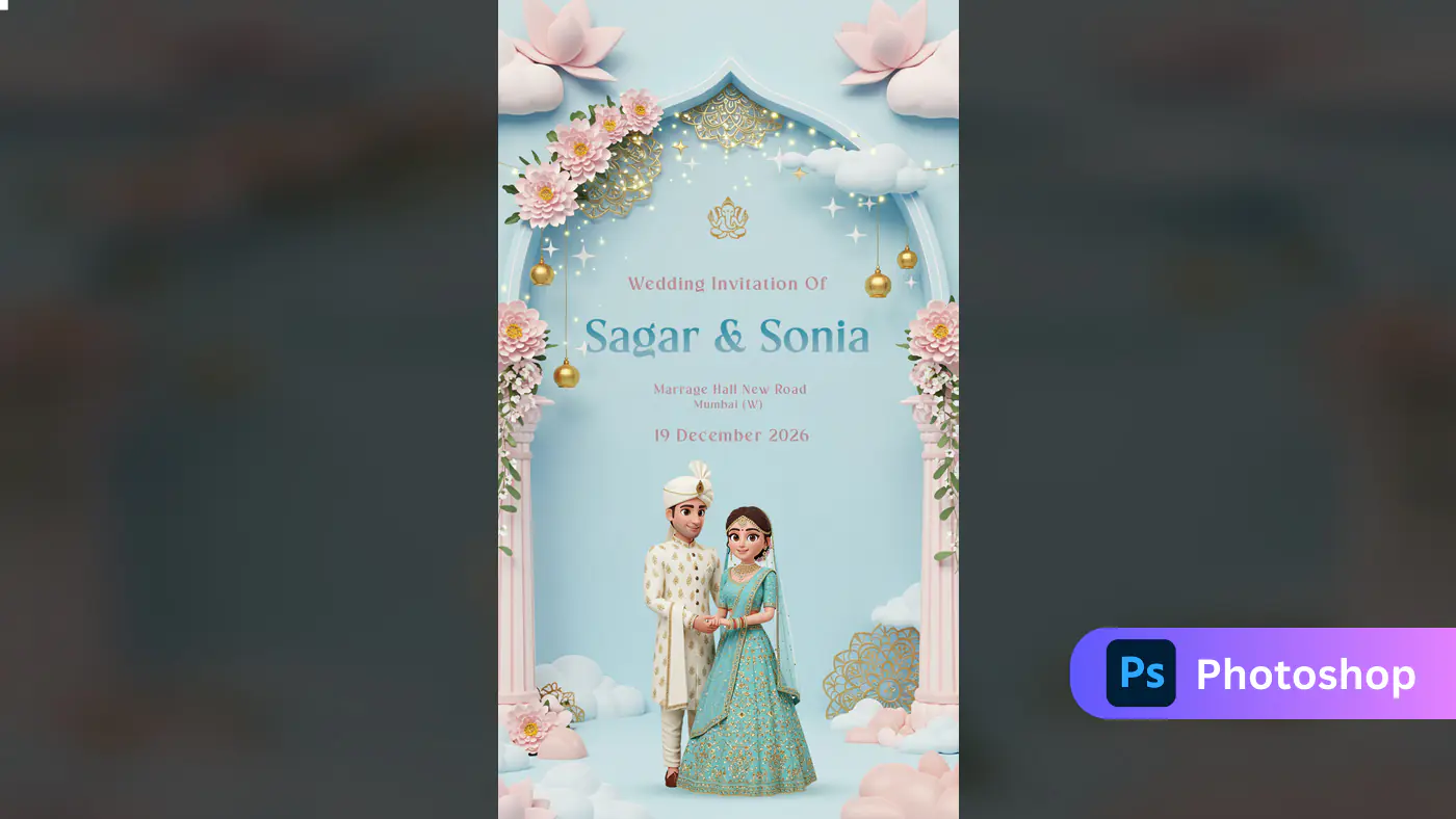 Sky Blue 3D Indian Wedding Invitation Template with Cartoon Couple