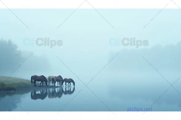 Horses by the Lake in a Serene Misty Landscape