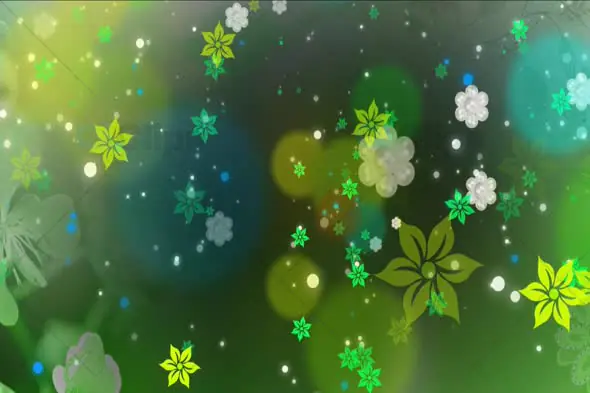 Floating Floral Elements with Glowing Light Particles on Vibrant Green Background Animation