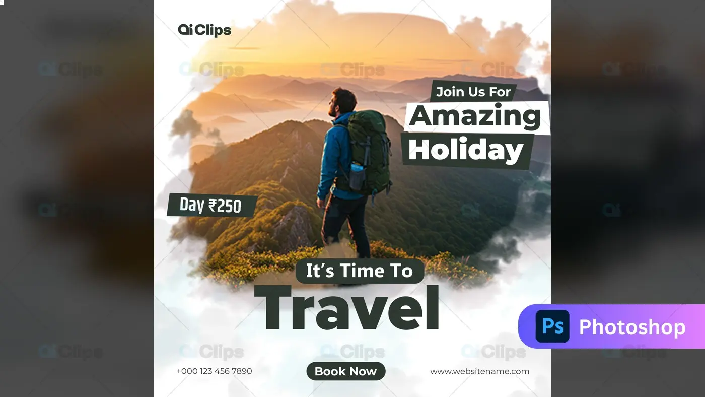Mountain Hiker at Sunset Travel Banner Template