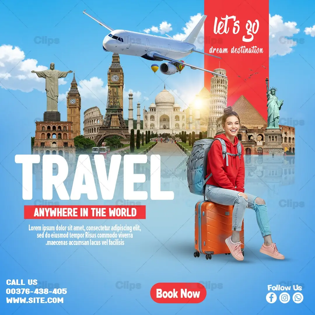 World Travel Social Media Banner Template with Famous Landmarks