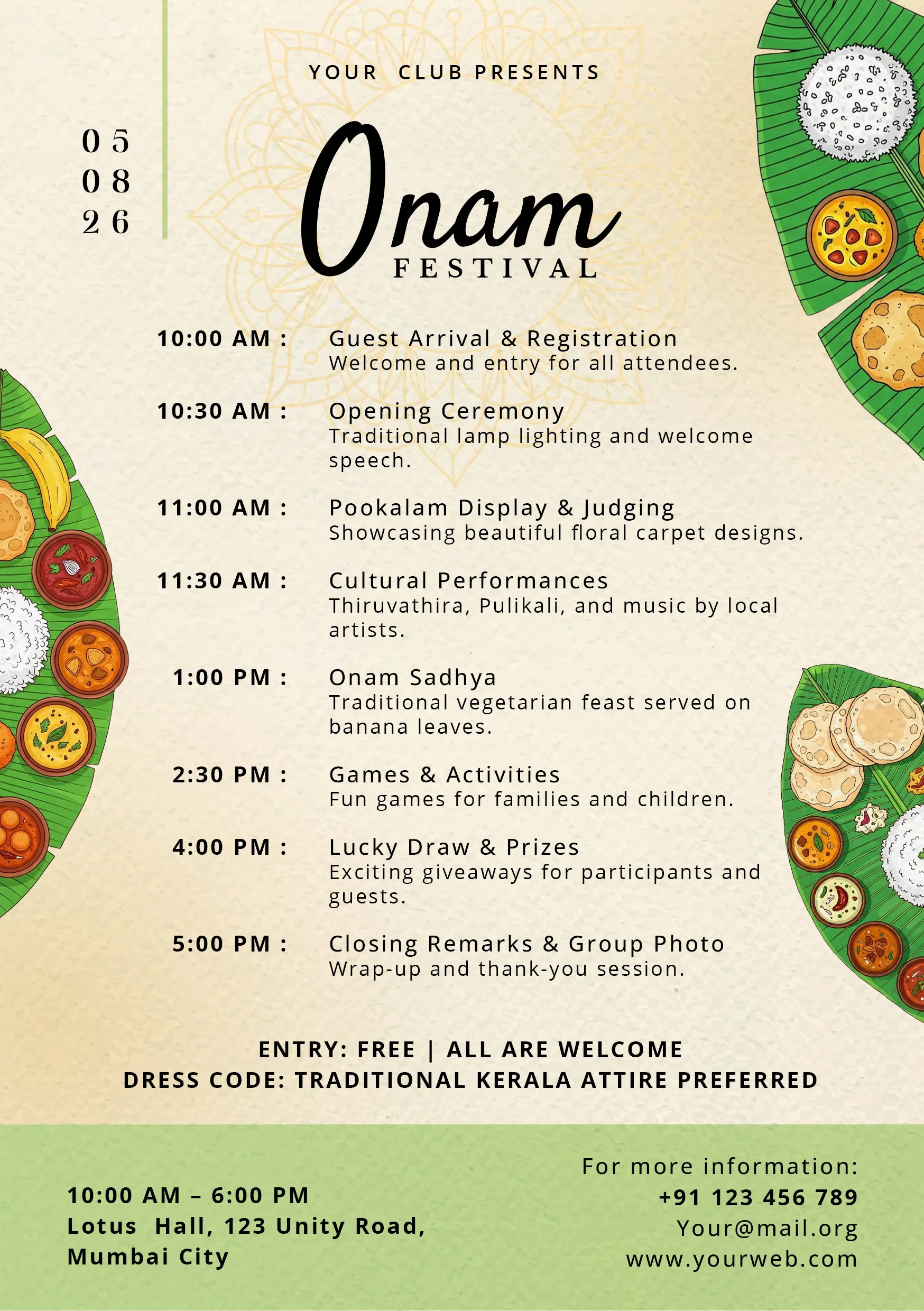 Kerala Onam Festival Event Schedule Template