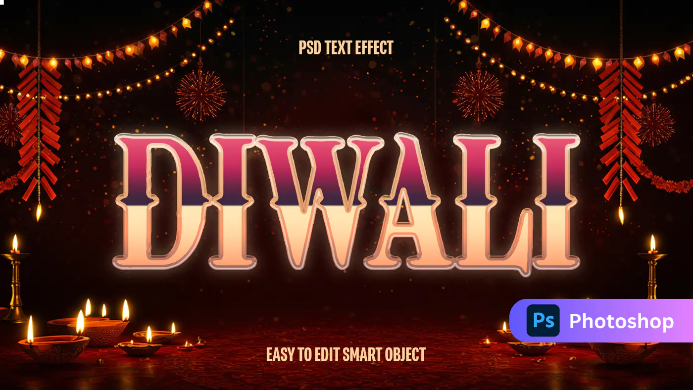 Editable Diwali Text Effect with Glowing Lamps