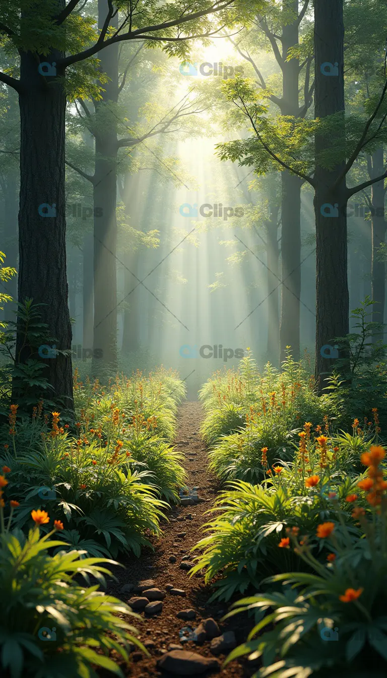 Forest Path with Sunbeams and Wildflowers