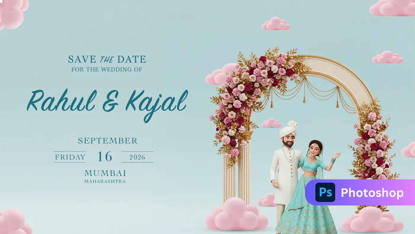 Pastel Blue Save the Date Wedding Invitation Template with 3D