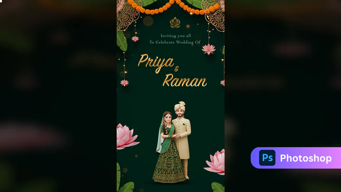 Dark Green 3D Indian Wedding Invitation Template with Lotus Theme and Traditional Cartoon Couple