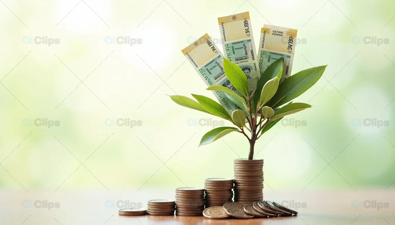 Financial Growth with Indian Rupee – Plant Growing from Coins and Currency Notes