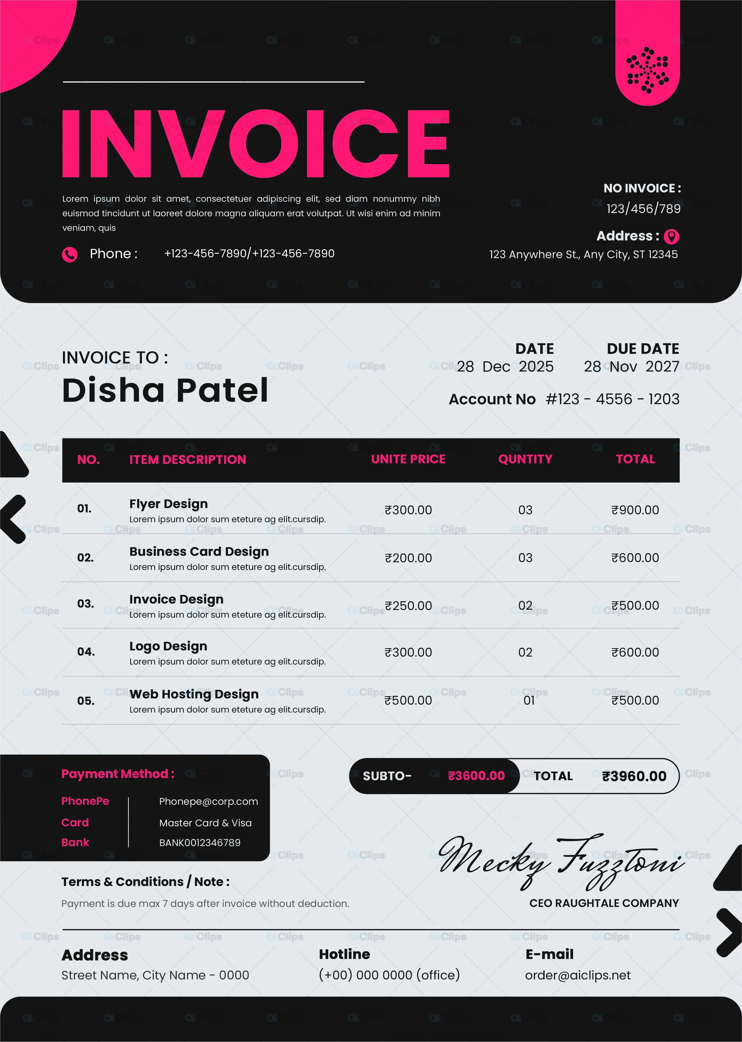 Modern Dark Professional Invoice Template Design