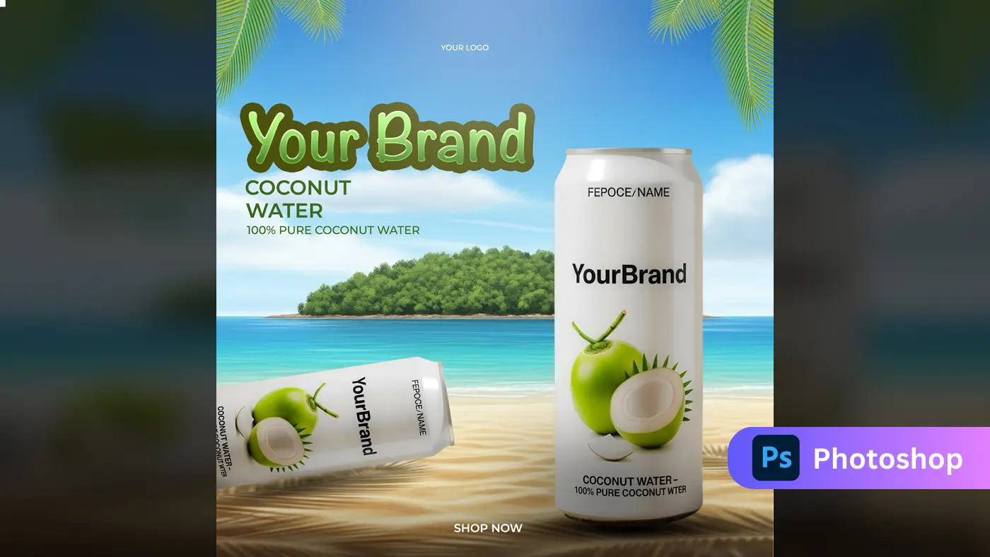 Tropical Coconut Water Can Mockup Template