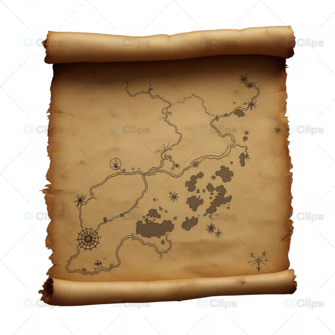 Vintage 3D Scroll Map with Nautical Symbols