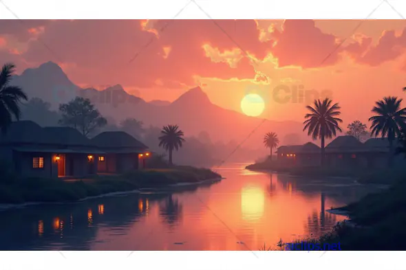 Sunset Over Tranquil River Village