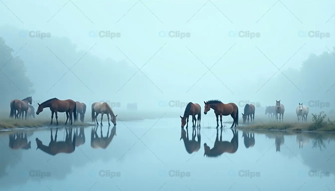 Horses Grazing by the Misty Lake in a Serene Landscape