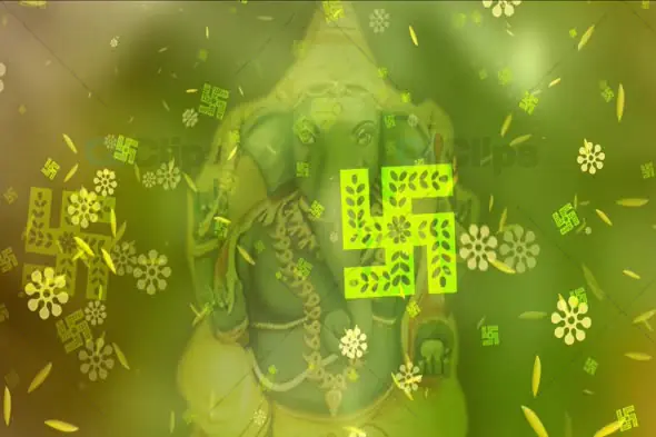 Lord Ganesha with Floating Swastika Symbols and Glowing Green Spiritual Animation