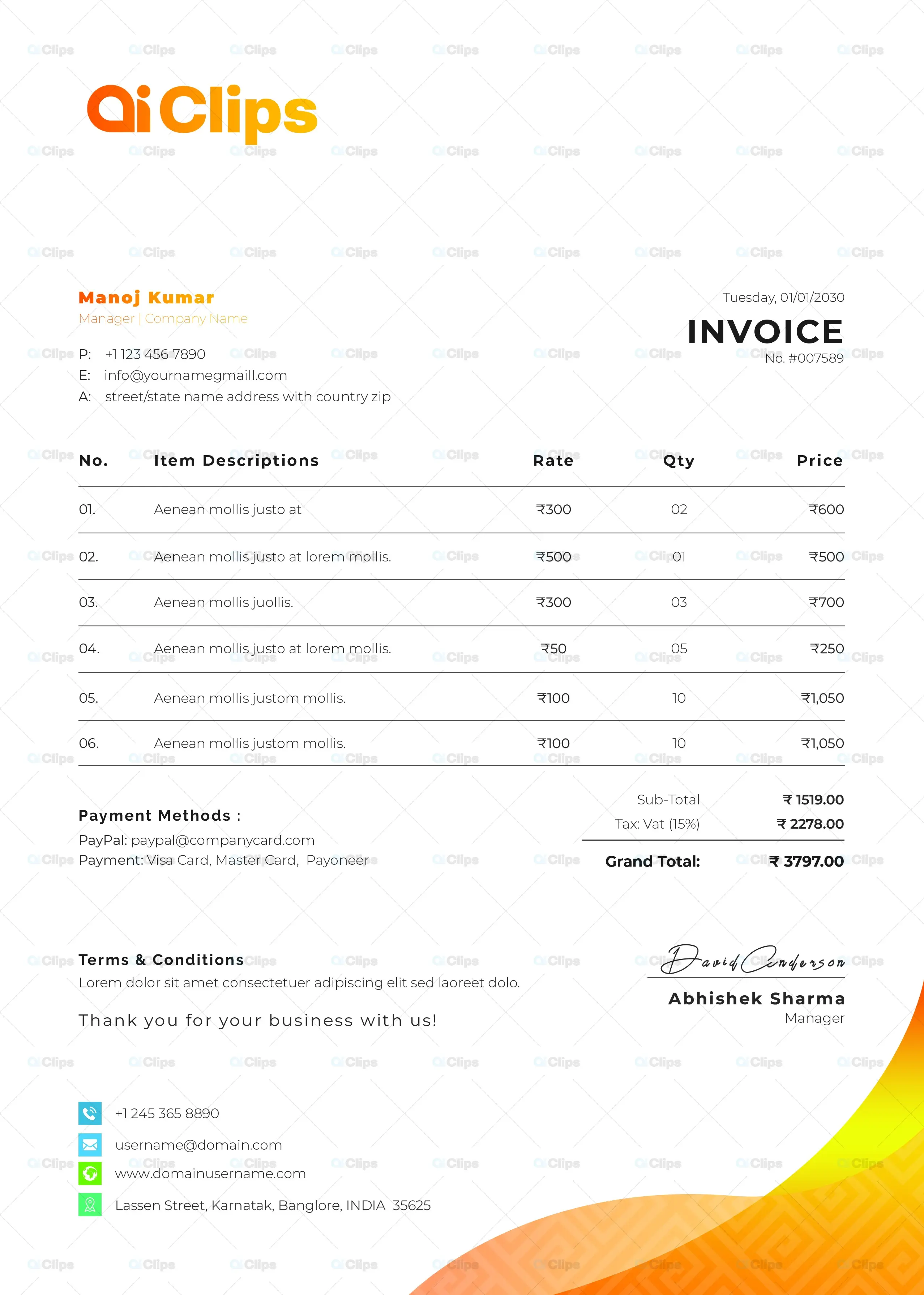 Modern Corporate Invoice Template with Orange Wave Design