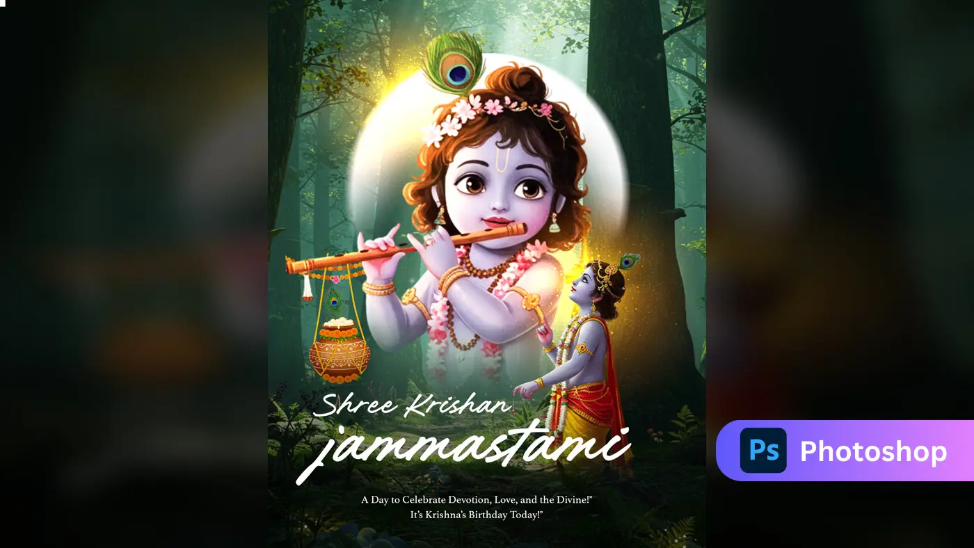 Krishna Poster with Flute & Forest Background Template