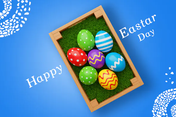 Colorful Happy Easter Day Greeting Template with Decorated Eggs on Grass