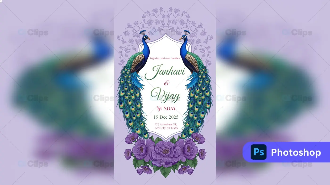 beautiful Peacock Wedding Invitation PSD Template