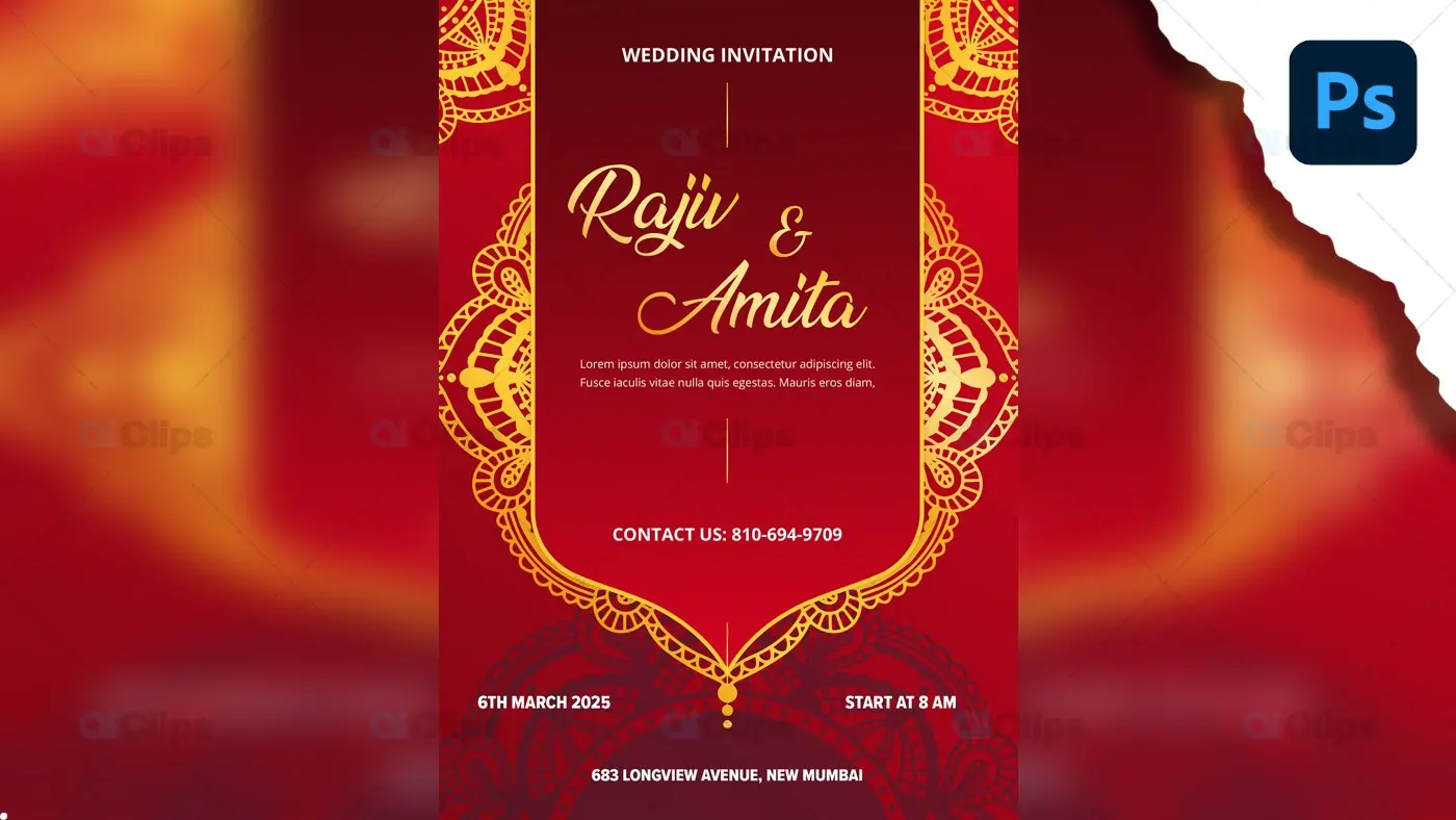 Traditional Red & Gold Wedding Invitation PSD Template