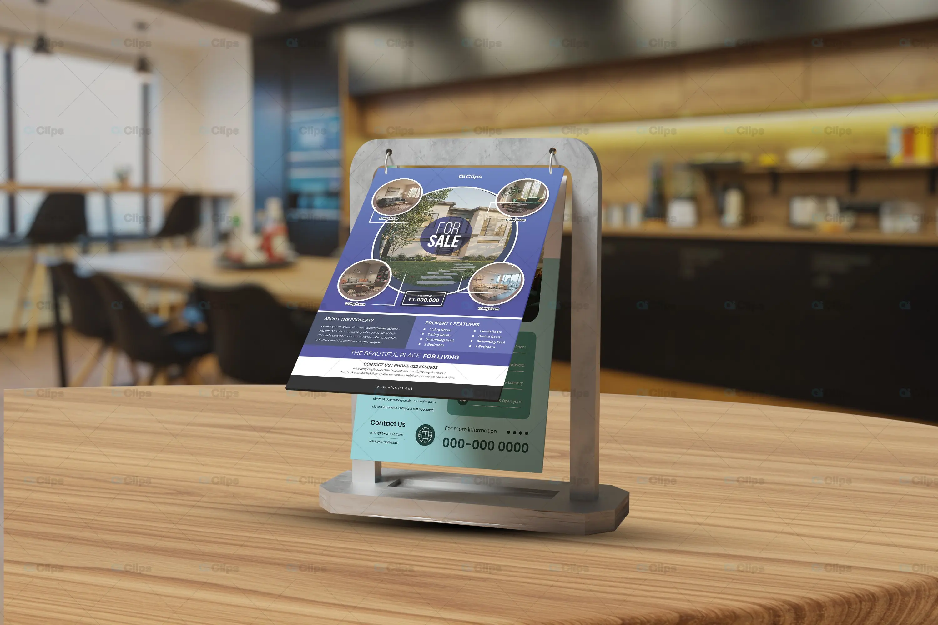 Real Estate Flyer Display Stand on Wooden Table Mockup