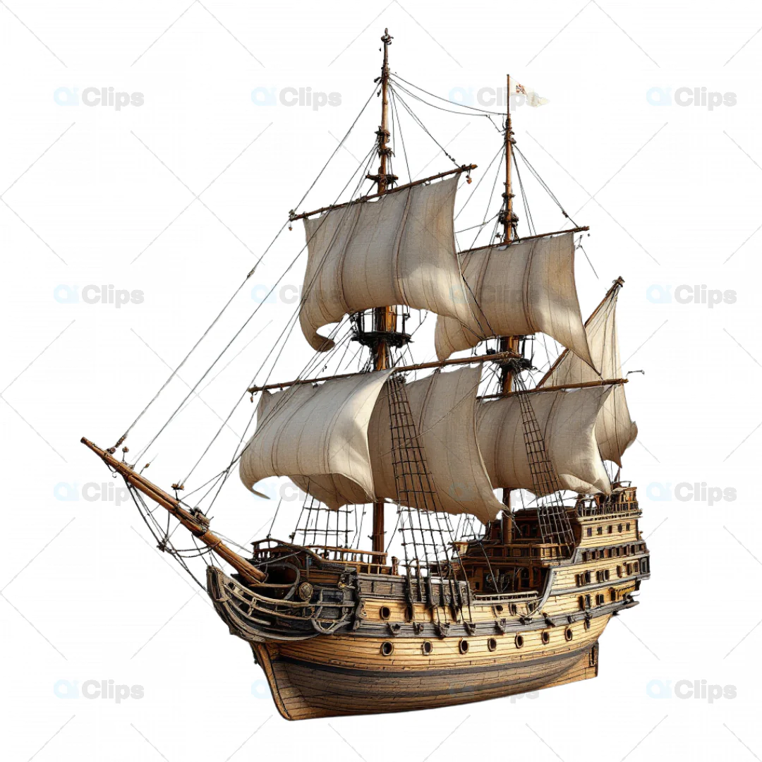 Intricate 3D Model of Classic Wooden Sailing Ship with Sails